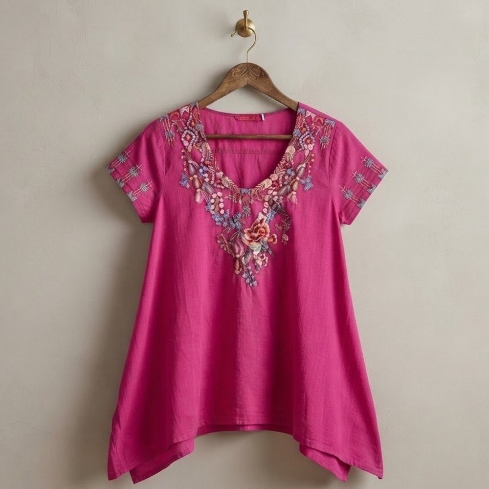 Johnny Was Hinga Tunic Pink Embroidered V-Neck Handkerchief Hem Top XS NEW